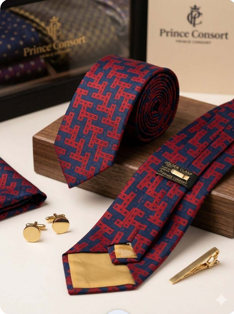 Prince Consort Golden Clasp Geometric Pattern Necktie